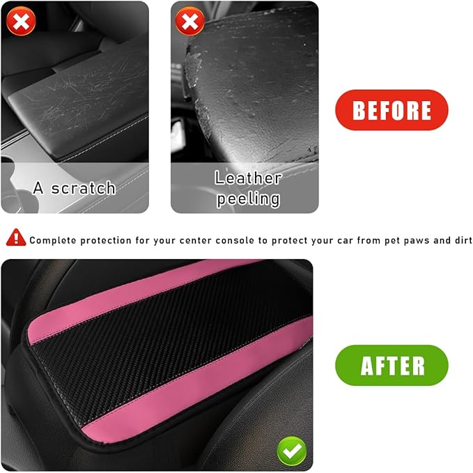 Car Center Console Pad, PU Leather Auto Armrest Seat Box Cover Protector, Comfortable Arm Rest Storage Box Mat for Vehicle Interior Protection, Universal Car Accessories (Carbon Fiber Pink)