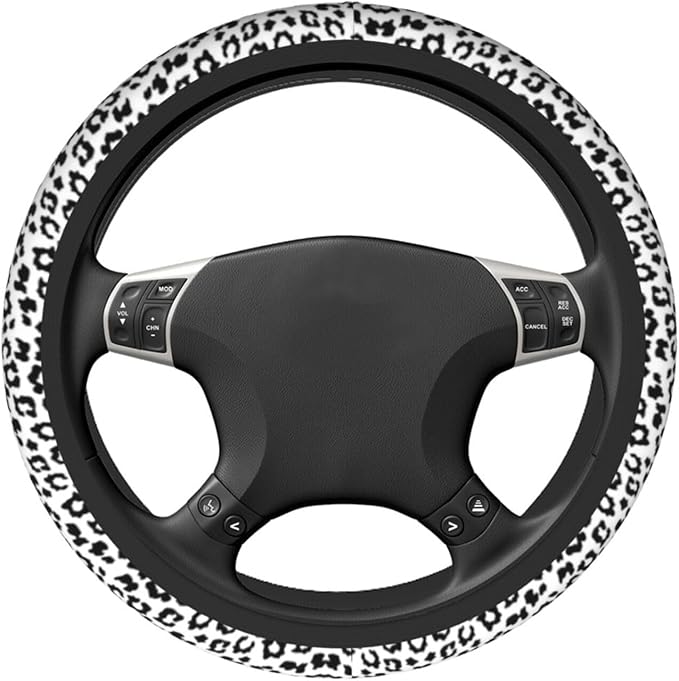 Gray Leopard Print Steering Wheel Cover Cheetah Animal Print Steering Wheel Cover Anti-Slip Breathable Universal for 15 Inch Car with 2 Pieces Car Coasters Suitable for Men Women