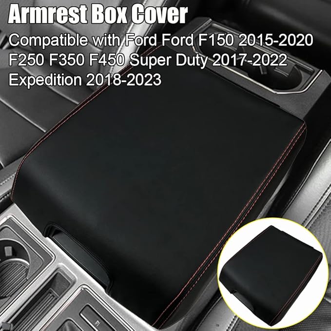 XITER 1PC Leather Center Console Armrest Box Cover Waterproof Cushion Pad for F150 2015-2020 F250 F350 F450 Super Duty 2017-2022 Expedition 2018-2023(Red Stitches)