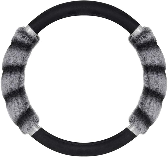 BDK Bear Fur Plush Steering Wheel Cover - Cute Faux Wool Protector for Women Girls Fits Wheels 14.5-15 inch Two Tone Black/Gray - with Glitter