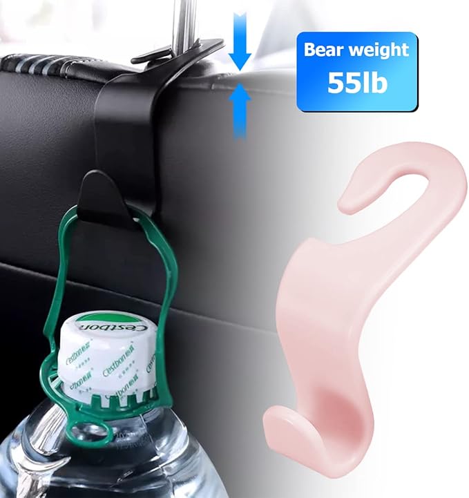Car Back Seat Headrest Hooks, 4PCS Vehicle Backseat Storage Organizer Hanger, Auto Headrest Hidden Hook Universal for Handbag Purse Backpacks Bags and Groceries (Light Pink)