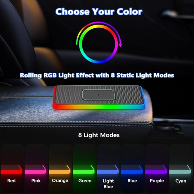 Cordless Car Charging Pad for GMC Sierra HD 2013 2014 2015 2016 2017, 5W/7.5W/10W/15W/20W Charging, Trim-to-Fit Non-Slip Phone Charging Mat with 8 Ambient Light Modes, 100cm Cable,A USB