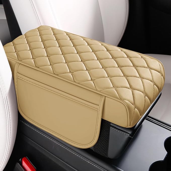 Universal Memory Cotton Car Armrest Box Pad, 2026 New Leather Car Armrest Box Pad with 2 Storage Bags, Auto Armrest Seat Box Cover, Center Console Cover Cushion for SUV, Car, Truck (Beige)