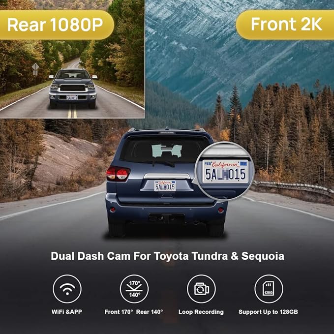 Fitcamx 2K Front Rear Dash Cam Suitable for Toyota Tundra 2017 2018 2019 2020 2021 & Sequoia 2017-2022 Limited SR5 Crewmax TRD, OEM Style, Dual 1440P+1080P Video, G-Sensor Loop Recording WiFi, 64GB