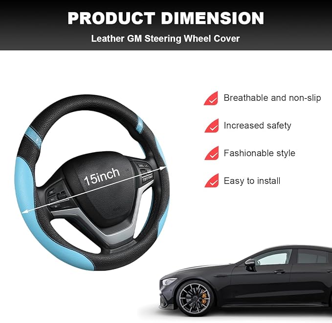 Car Steering Wheel Cover, 15 Inch Premium Leather Breathable Non-Slip Wheels Wrap, Universal Auto Comfortable Steering Wheel Protector for SUV Truck Van, Car Accessories (Blue)