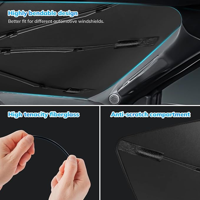 [2025 Latest] SEPORUD Car Windshield Sunshade Umbrella - Double-Layer Design, 5 Layers UV Block Coating. Blocks up to 99% UV, Reduces Heat. Durable Structure, Glass Fiber Material（61 "x33