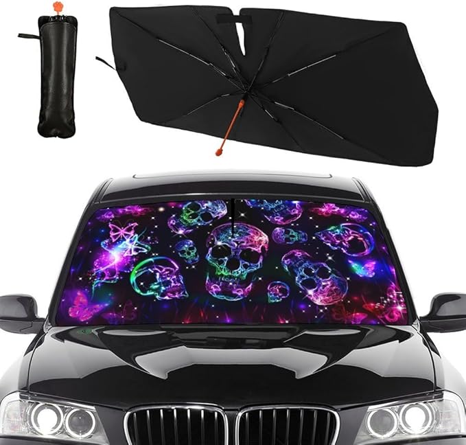 Neon Skull Butterflies Car Windshield Sunshade Umbrella Retractable Sun Shade for Car Upgraded Umbrella Front Window Sun Shade Cover UV Blocks Heat Insulation Sunshades
