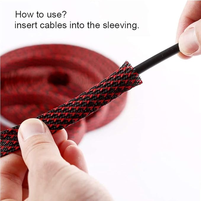 25ft - 1/8 Inch Cable Management Sleeve Protector,Wire Loom PET Expandable Wire Sleeving for Office TV Computer Home Theater Engine Bay Cord Organizer,Protect Cables from Pet Cat Dog Chewing,BlackRed