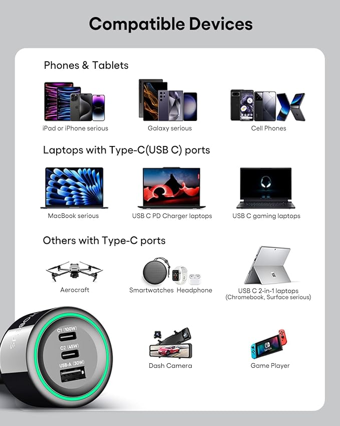 WOTOBEUS 175W 3-Ports USB C Car Charger with Color-Changing LED Indicator, PD3.0 100W 65W PPS45W Fast Charging, Compatible with iPhone 17 16 15 Galaxy S25 S24, Pixel, MacBook, iPad & Type-C Laptops