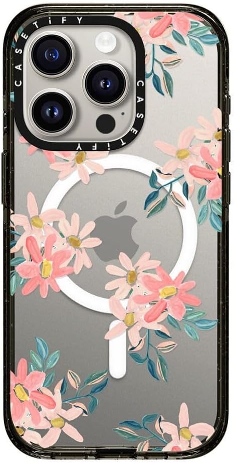 CASETiFY Impact iPhone 15 Pro Case [Slim/Compatible with Magsafe / 8.2 ft. 4X Military Grade Drop Protection] - Pink Daisies - Clear Black