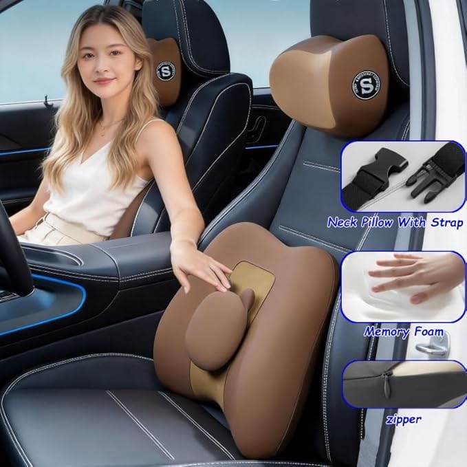 Car Lumbar Support and Neck Pillow for Driving Seat, Memory Foam Car Back Support Pillow & Headrest for Improve Posture, Driver Back Neck Sciatica Pain Relief Cushion (Coffee)