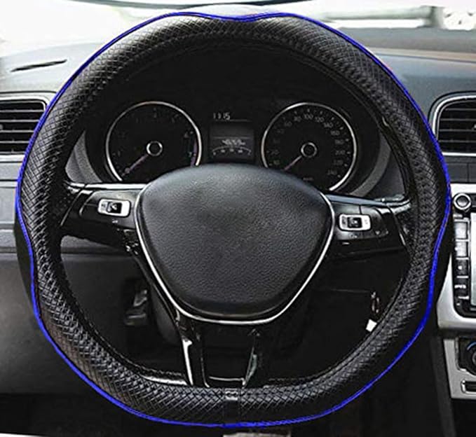 Mayco Bell Flat Bottom Steering Wheel Cover Anti-Slip,Safety,Soft,Breathable,Durable,Full Surround,Comfortable Grip Microfiber Leather (D Shape, Black Dark Blue)