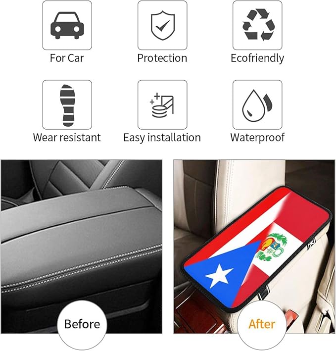 Puerto Rico Peru Peruvians Flag Auto Center Console Armrest Cover Car Handrail Box Cushion Pad Mat Universal Fit Most Vehicle Sedan Truck SUV Soft Comfort Decor Accessories