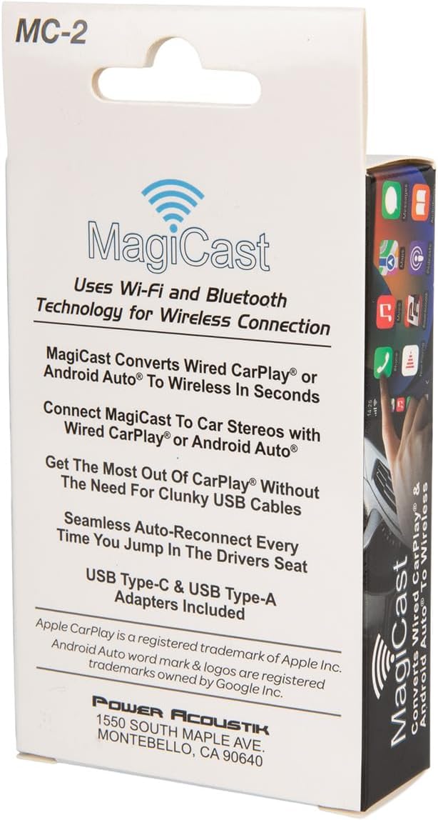 Power Acoustik MagiCast 2.0 – Wireless Adapter Dongle – Converts Wired Car Stereos to Wireless CarPlay® & Android Auto® – Universal Fit, Fast Auto-Pairing, USB Type A and C