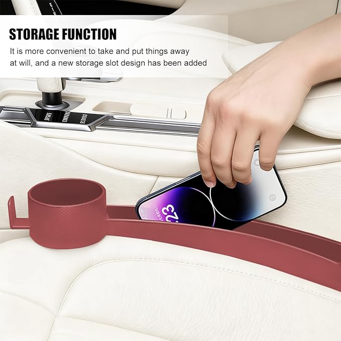 2PCS Car Seat Gap Filler, Dual Slot Carbon Fiber Vehicle Side Seat Gap Organizer Strip with Cup Holder, Auto Console Guard Spacer Stop Things from Dropping, Universal Fit (Red)