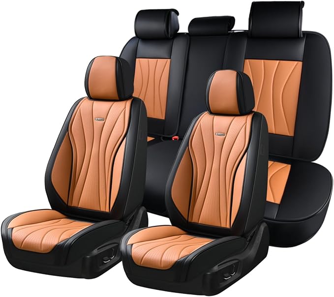 Coverado Leather Seat Cover for Cars, Front and Back Car Seat Protector, Waterproof Seat Covers Full Set, Luxury Car Seat Covers, Automotive Seat Cushions Universal Fit for Most Cars (Black&Brown)