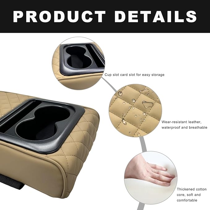 Car Center Console Armrest Pillow, 14"×8.3" Waterproof Leather Armrest Box Cover with Cup and Phone Holder, Soft Memory Foam Arm Rest Console Pad Protector for SUV Truck (Beige, Embroidery)