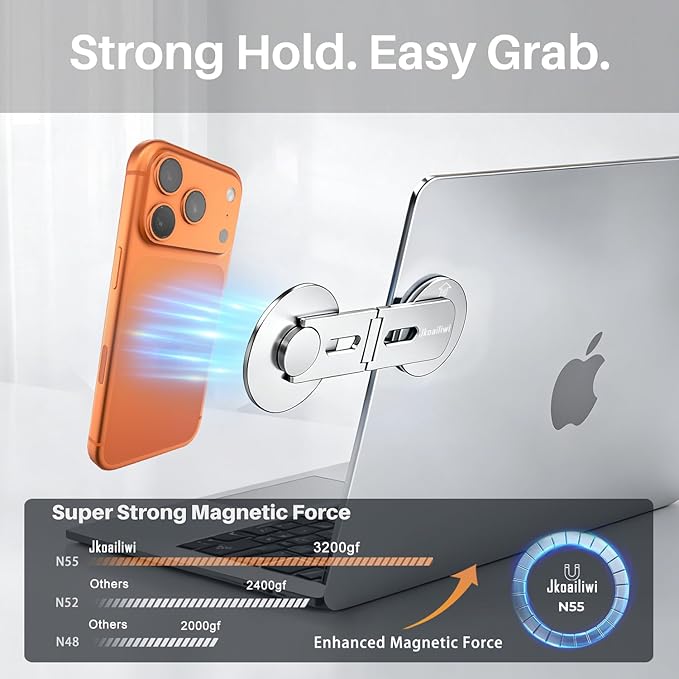 Magnetic Phone Holder for Laptop & Monitor, Foldable Hidden Side Mount, 360° Adjustable Continuity Camera Mount for MagSafe iPhone 12-17 Air Pro Max, Fits for Tesla Model 3/Y, Silver