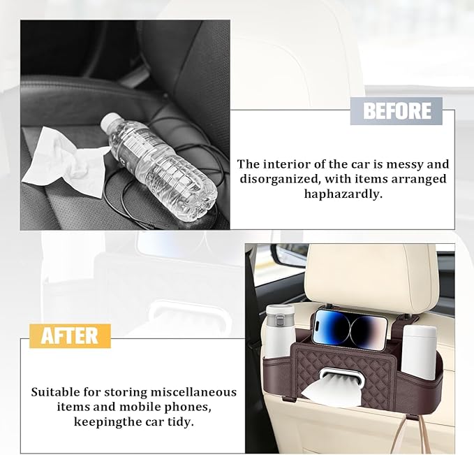 Car Backseat Organizer, 4-in-1 Multifunctional Vehicle Seat Back Tissue Box with Cup Holder & Hook, Automotive Backseat Hanging Storage Box for Bag Phone Drink, Universal for Vehicles (Brown)