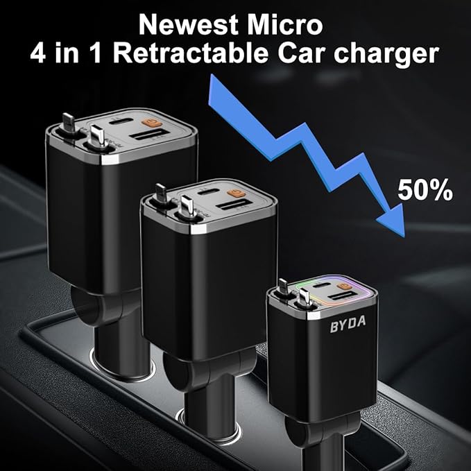 4 in 1 Retractable Car Charger,69W USB-C Fast Car Charger, for iPhone 17/16/15/14/13/12/11, Android,Pixel,Cigarette Lighter Charger (for Apple+Type C &RGB [Black])