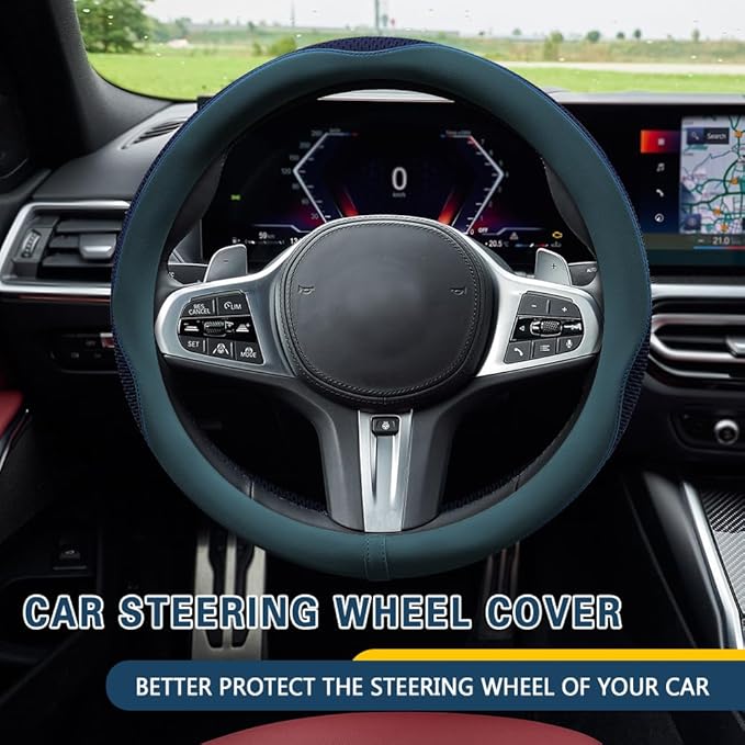 Car Steering Wheel Cover, Steering Wheel Accessories, Universal 15 Inch Microfiber Breathable LCE Silk, Car Accessories Breathable Anti-Slip Protector Universal for SUV Sedan Truck (Blue)