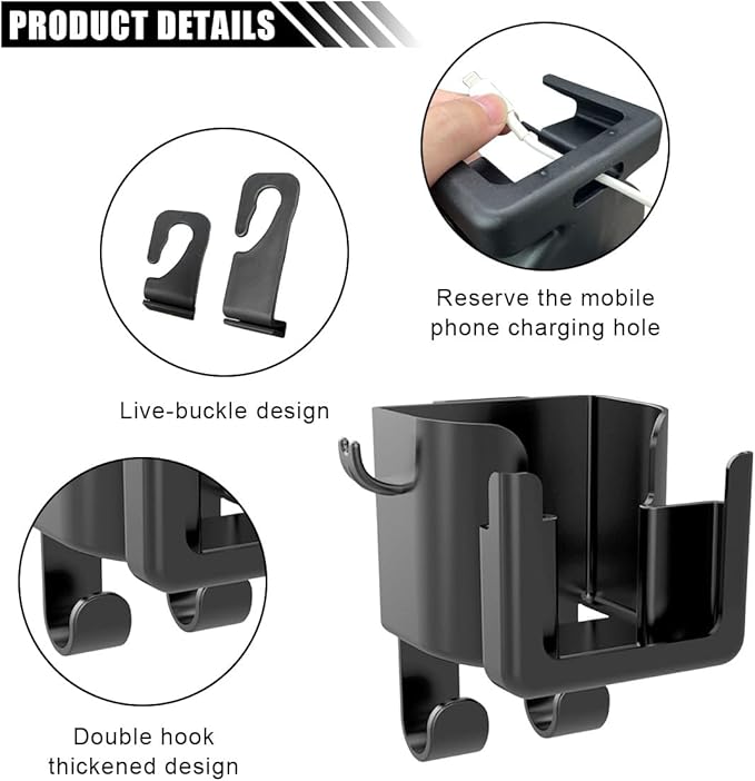 2PCS Multifunctional Car Cup Holder, Car Phone Holder with Headrest Hooks, Hanging Storage Organizer Accessories, Universal Car Back Seat Hook for Purse, Keys, Umbrella, Bag