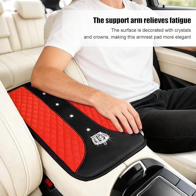 Bling Car Center Console Cover, Crown Crystal Rhinestones Vehicle Armrest Mat Protector, Anti Slip Sparkling Automotive Arm Rest Seat Box Cushion Pad Decor Accessories, Universal Fit (Red)