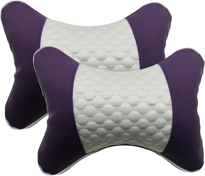 Car Neck Pillows Both Side Pu Leather 2pieces Pack Headrest Fit for Most Cars Filled Fiber Universal Car Pillow (Purple)