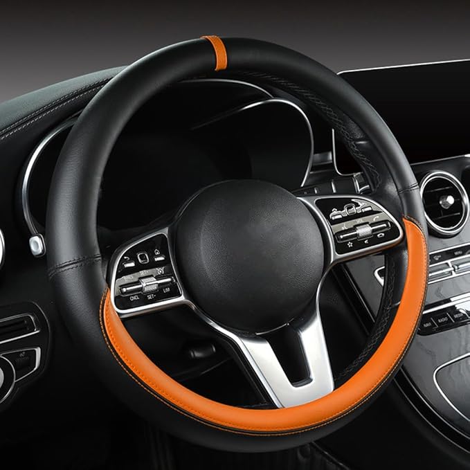 Morandi Color Steering Wheel Cover, Nappa Leather, Fashionable Sporty Style, Universal 15 inches, Black and Orange