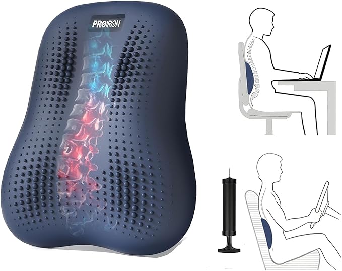 Lumbar Support Pillow, Inflatable Rubber Lumbar Pillow for Lower Back Pain Relief - Car Back Cushion for Driving - Lumbar Support for Car-Office Chair, Massage Points, Adjustable Firmness, Blue