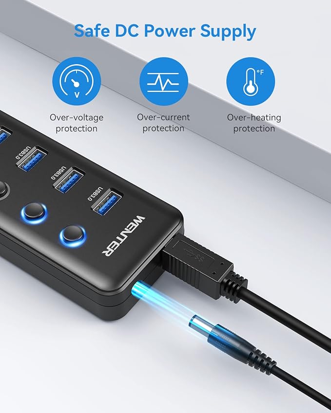 Powered USB 3.0 Hub, Wenter 5-Port USB Hub Splitter (4 Faster Data Transfer Ports+ 1 Type-C Charging Ports) with Individual LED On/Off Switches, USB Hub 3.0 Powered with Power Adapter for Mac, PC