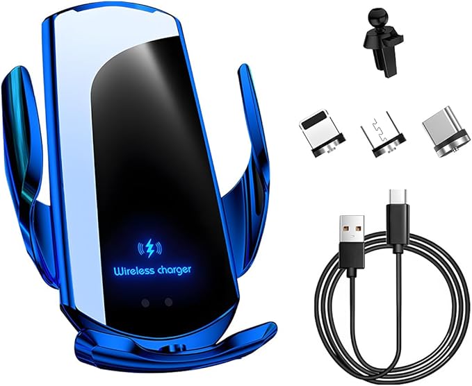 Wireless Car Charger, 15W Fast Charging Air Vent Mount Auto-Clamping Phone Holder, Automotive Electric Induction Charger 360° Rotating Magnetic Vent Mount Bracket for Smartphones (Blue)
