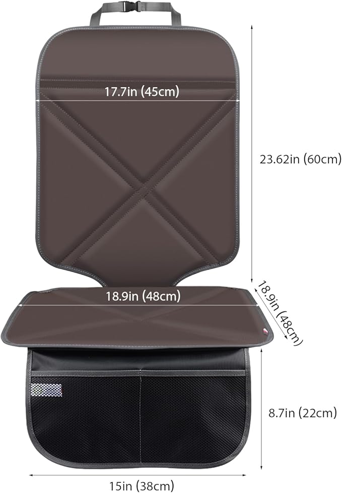 Car Seat Protector Leather Waterproof Child Safety Seat Protector Cover with Thick Pad and 2 Large Pockets Durable Kick Mat for All Auto Seat (Brown)
