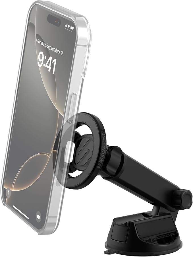 Scosche MagSafe Car Mount, Suction Cup Windshield Phone Mount/Magnetic Cell Phone Holder for Car Dashboard with Extended Arm Compatible with Popsocket, Cellphone Stand Compatible with iPhone, Samsung