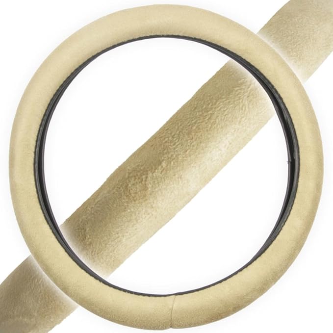 BDK Ergonomic Leather Grip Steering Wheel Cover - Soft Plush Memory Foam Grip for Standard Size Wheels 14.5-15 inch Beige