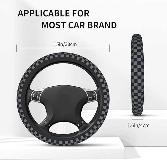 Checkered Steering Wheel Cover Gray - Checkered Black Gray Steering Wheel Cover Anti-Slip Breathable Universal 15 Inch Car with 2 Pcs Car Coasters Suitable Men Women