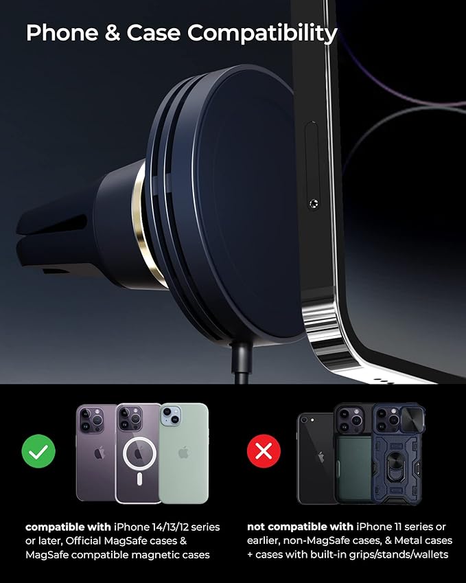 iOttie Velox Mini MagSafe Compatible Air Vent Car Mount in Midnight Blue with Wireless Charging. Compatible with MagSafe iPhones Including iPhone 12/13/14/15/16/17 Series (Car Charger Included)
