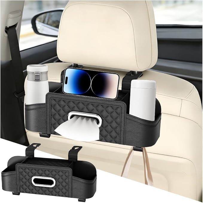 Car Backseat Organizer, 4-in-1 Multifunctional Vehicle Seat Back Tissue Box with Cup Holder & Hook, Automotive Backseat Hanging Storage Box for Bag Phone Drink, Universal for Vehicles (Black)