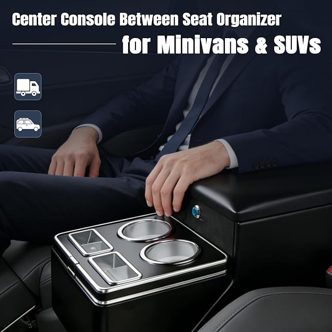 Vehicle Center Console Organizer - Floor-Mounted Lockable Storage with Dual Cup Holders, Fits Minivans, SUVs & Van Middle Seats 10.24 inch Wide