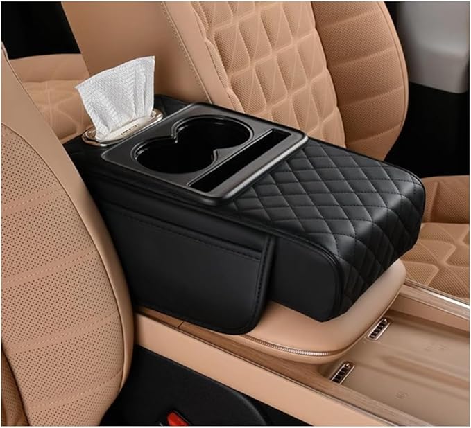 Car Center Console Cover, Memory Foam Nappa Leather Vehicle Armrest Cushion with Tissue Box, 2 Storage Bag & Holder, Automotive Arm Rest Protector Accessories, Universal Fit (Black)