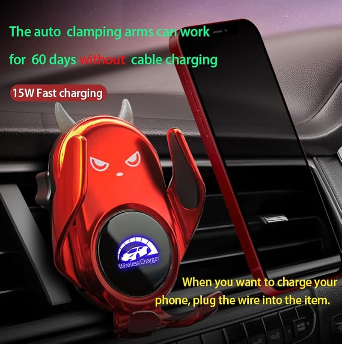 Car Phone Holder Mount Wireless Charging Auto Clamping Rotatable Vent Clip Cute Red Demon for iPhone Samsung Galaxy Andriod Phone