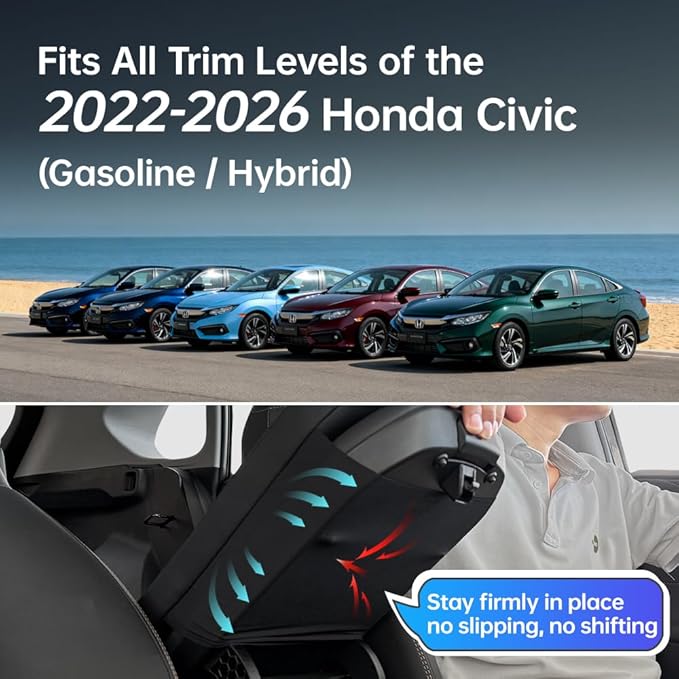 Civic Center Console Cover/Pad Fit 2022-2023 2024 2025 2026,Faux Leather Honda Civic Armrest Mat,Ergonomic Support Cushion,Console Protector,Waterproof Wear-Resistant Scratch-Resistant