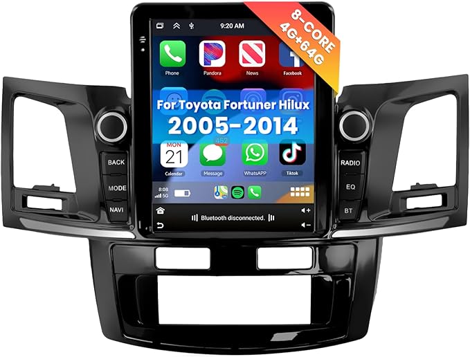 [8 CORE 4G+64G] Car Radio for Toyota Fortuner Hilux 2005-2014 with Wireless Carplay/Android Auto, 9.7 Inch Android 13 IPS Touch Screen Car Stereo, Bluetooth, GPS Navi, WiFi, SWC, DSP + Backup Camera