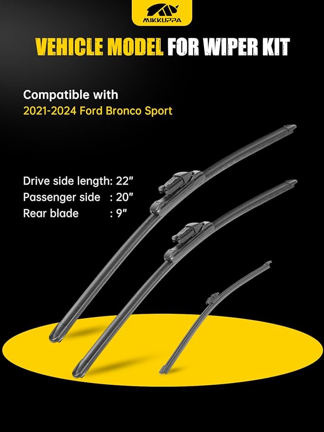 MIKKUPPA 22"+20"+9" Windshield Wipers Blades Replacement for 2021-2024 Ford Bronco Sport, Top Lock Front & Rear All Season Wiper Blades Set(Pack of 3)