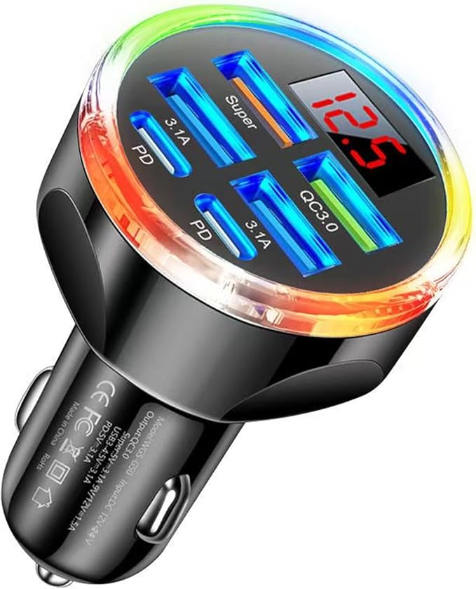 Super Fast Charge USB C Car Phone Charger Adapter 6 in 1 with Voltage Display, 250W Multi Port Cigarette Lighter USB Charge for iPhone 17 16 15 14 13 12 11 Samsung Galaxy Huawei Oneplus Oppo Vivo