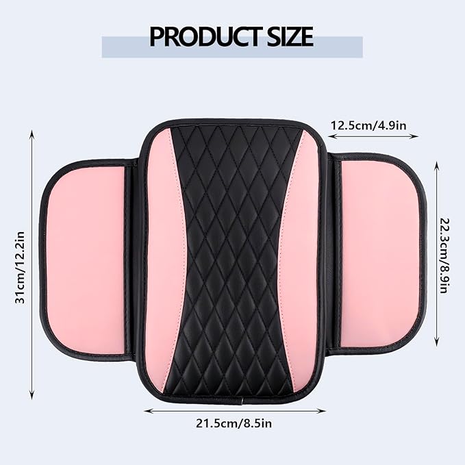 Leather Car Center Console Cover,Upgraded Center Console Cushion Pad with Side Pockets,Patchwork Arm Rest Cover for Car,Waterproof Armrest Seat Box Covers,Universal for Most Vehicles (Pink)