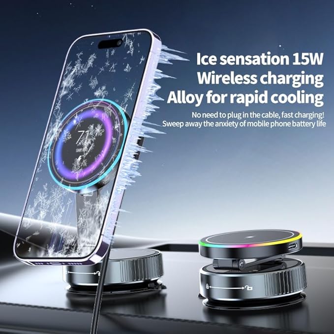 Trendwave Car Mount Charger 15W Wireless Charger Suction Cup Phone Mount with Breathing RGB Light, 360° Adjustable Vacuum Magnetic Holder for iPhone 17 Pro Max/17 Air/16/15 Plus – Gray