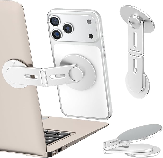 Magnetic Laptop Phone Holder, Foldable Hidden Mount Compatible with iPhone 17/16/15/14/13 & All Phone, 360° Rotating Monitor Side Phone Stand for Laptop, Tesla Model 3/Y, Desktop, Silver