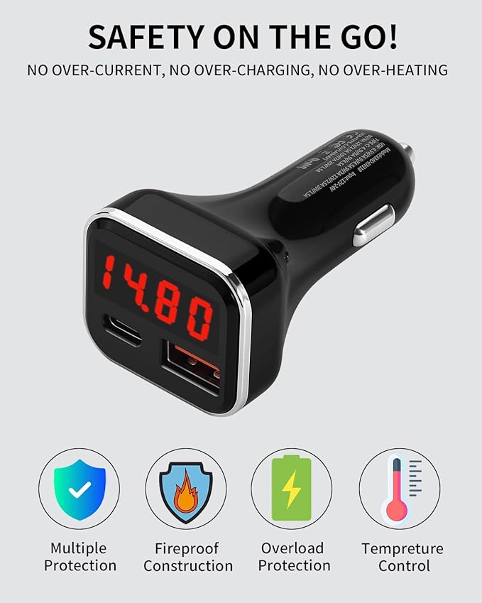 USB C Car Charger Adapter with Volt Meter, 30W Cigarette Lighter Adapter with Voltmeter, Type C Car Charger Fast Charging 12V, PD & QC 3.0 Compatible with iPhone 15 Pro Max, Samsung Galaxy S24