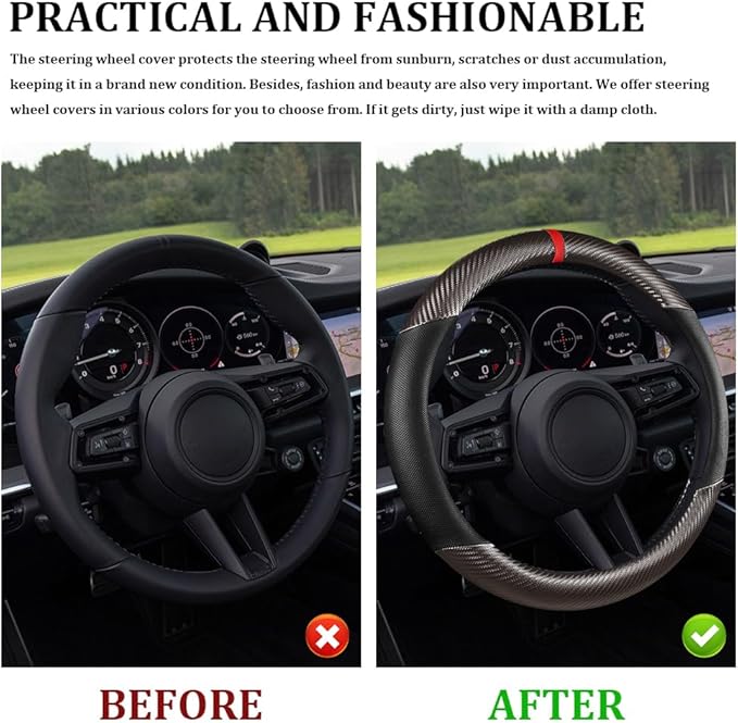 Car Steering Wheel Cover, Steering Wheel Accessories, 15 Inch Microfiber Leather Carbon Fiber Soft Anti-Slip Breathable, Car Accessories Elastic Non-Slip Cover for Most Vehicles (Black Gray)